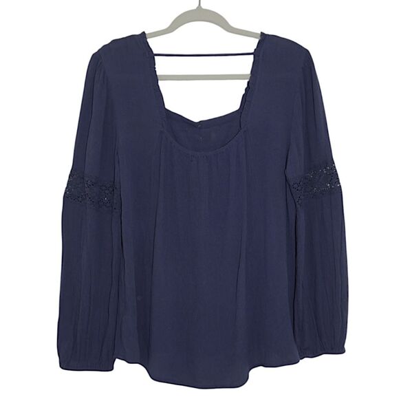 NWT  Maurices Navy Lace Peasant Blouse Size M Button Front Boho Long Sleeve Top - Picture 2 of 7